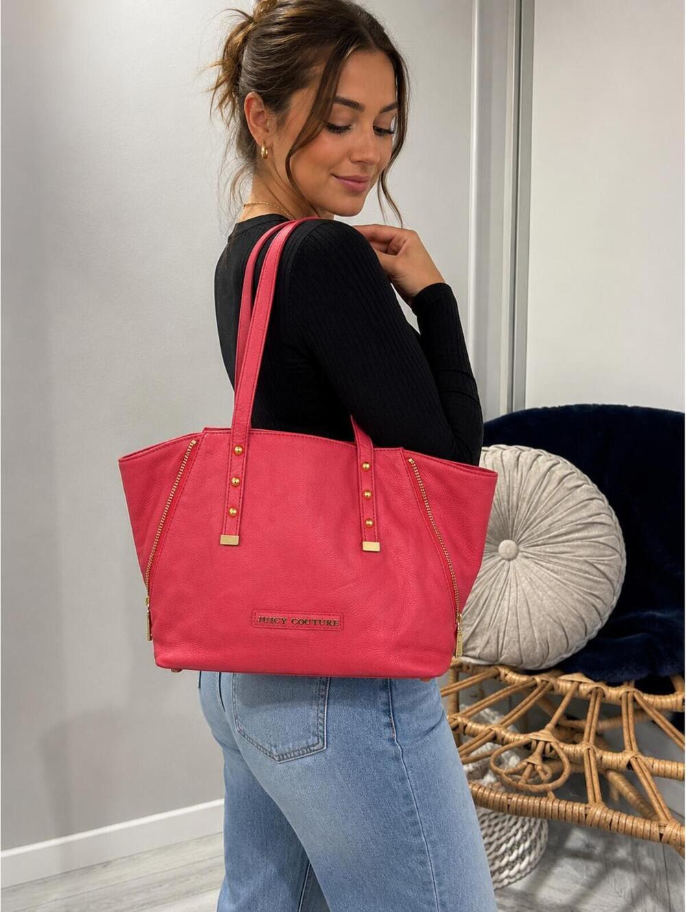 Juicy Couture Pink Genuine Leather Tote Bag Gold Hardware Large Shoulder Purse
